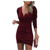 2020 Trendy Waist-Fitted Slimming Solid Color V-Neck Long Sleeve Tight Dress Ethnic Style Nightclub Dress For Women