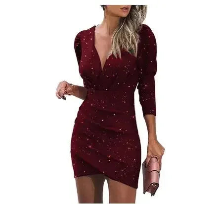 2020 Trendy Waist-Fitted Slimming Solid Color V-Neck Long Sleeve Tight Dress Ethnic Style Nightclub Dress For Women