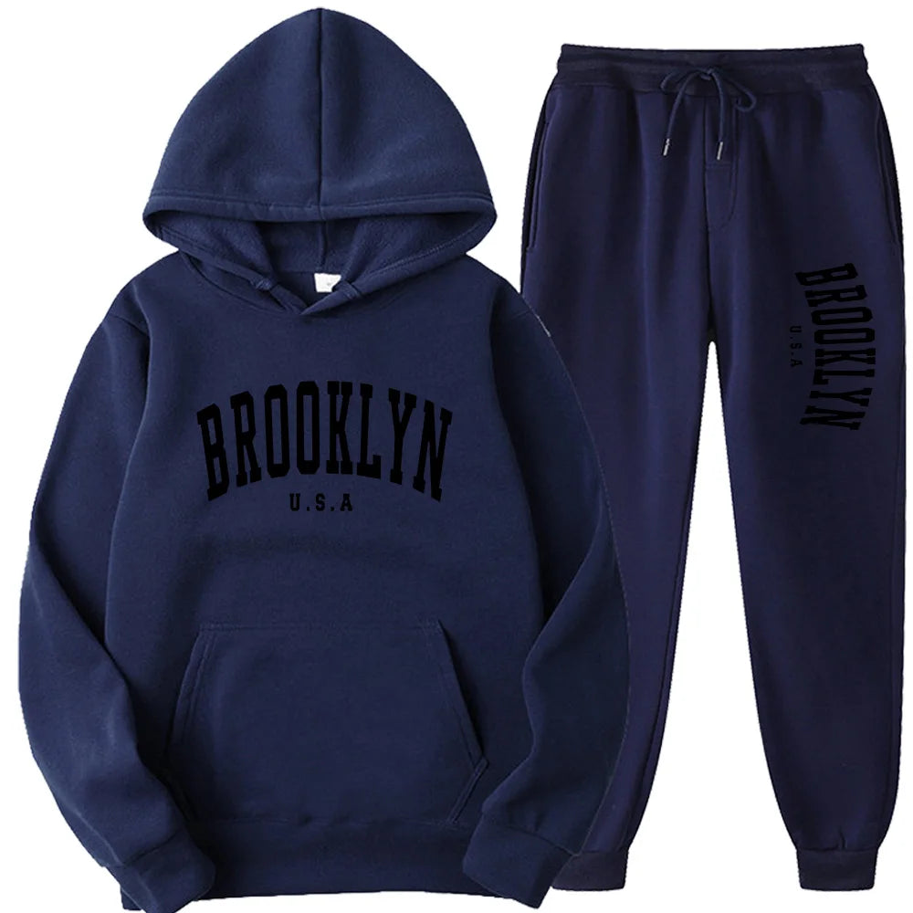 BROOKLYN USA Autumn Winter Popular Mens Tracksuit Zipper Hooded Sweatshirt Suit Casual Warm Jacket Coat+Jogging Sweatpants