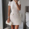 Elegant Glittery Spliced Beaded Mini Dress Women Elegant Mock Neck Short Sleeve High Waist Dresses Female Party Gown