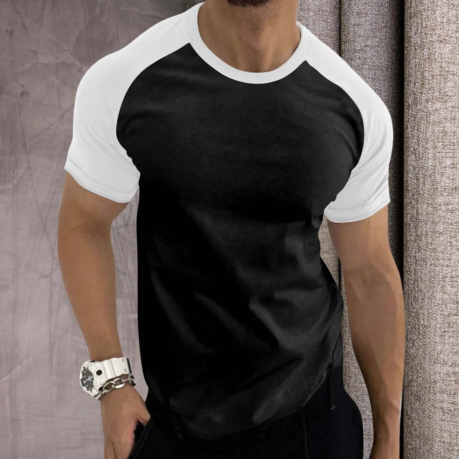 Mens Sports T-Shirts Trendy Color Contrast Raglan Sleeves Tees Round Neck Short Sleeve T-Shirt Casual Retro Comfort Sportswear