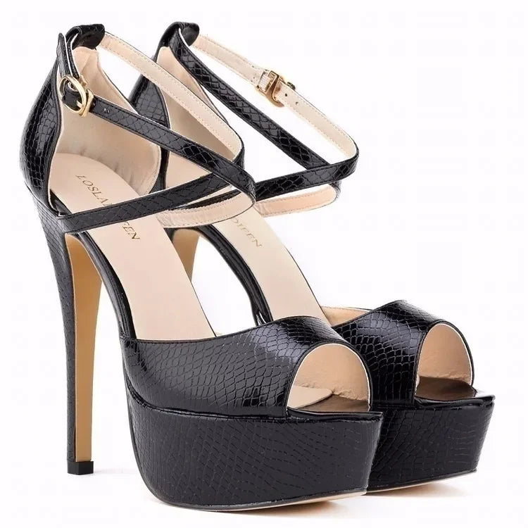 Women Sandals Stilettos Fashion Peep Toe Leather Buckle Platform Sandal Sexy 14cm Extremely High Heels Party Dress Wedding Shoes