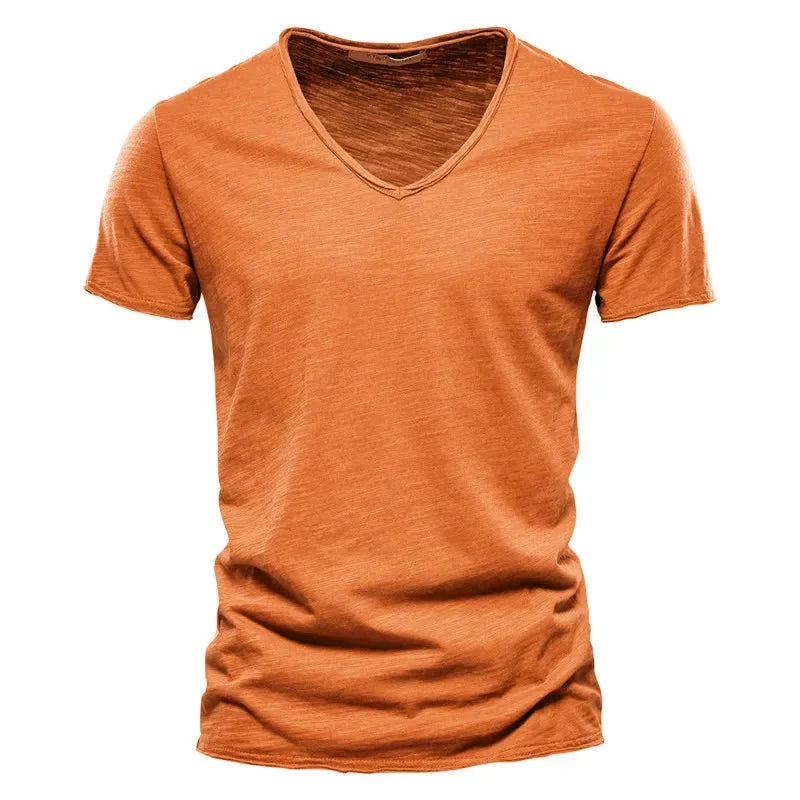 Brand Quality 100% Cotton Men T-shirt V-neck Fashion Design Slim Fit Soild Male Tops Tees Short Sleeve