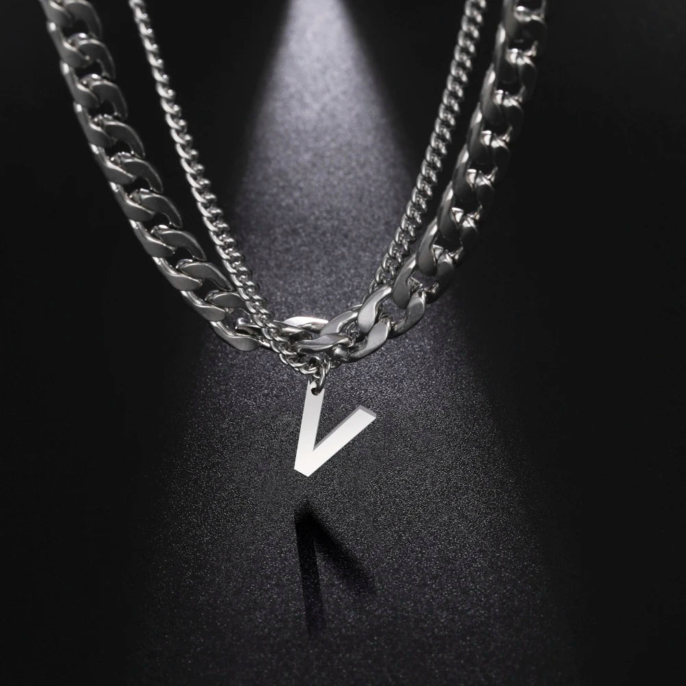 Stainless Steel Double Layer Necklaces for Men Women Simple 26 Letter Pendant Necklace Fashion Women's Jewelry for Party Gift