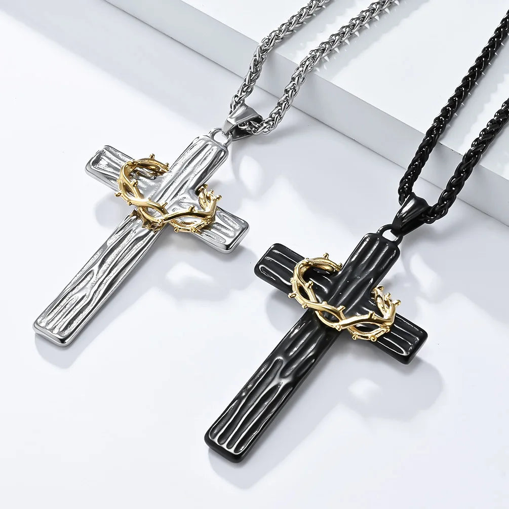 Men Jesus Christ Cross Necklace Stainless Steel Pendant Chain Crown of Thorns