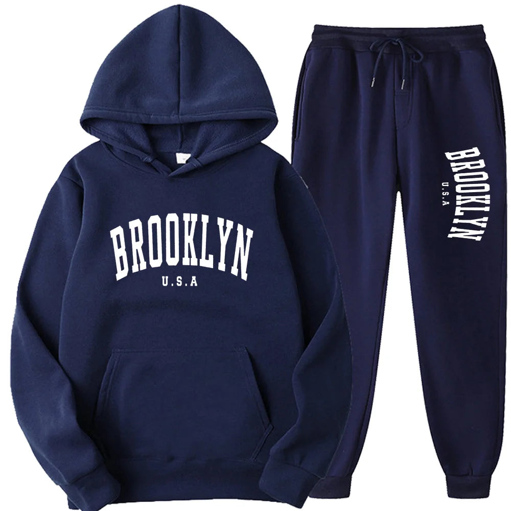 BROOKLYN USA Autumn Winter Popular Mens Tracksuit Zipper Hooded Sweatshirt Suit Casual Warm Jacket Coat+Jogging Sweatpants