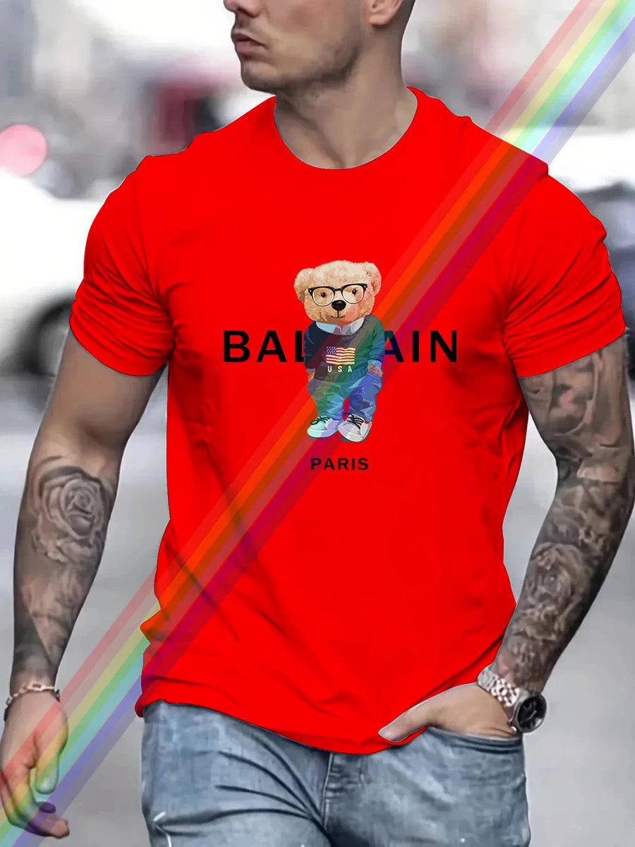 Luxury Brand USA Bear Paris Print T Shirt For Man Summer Vintage Unisex Oversized T-shirt Y2k Tops Short Sleeve Men's