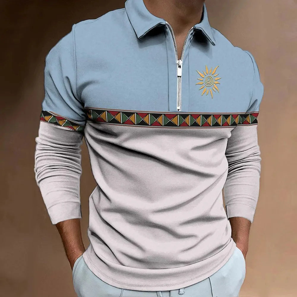 Mens Polo Shirts Retro Color Blocking Print Fashion Sport Lapel Golf Wear Men's T-Shirt Tops Casual Zipper Long Sleeve Clothing