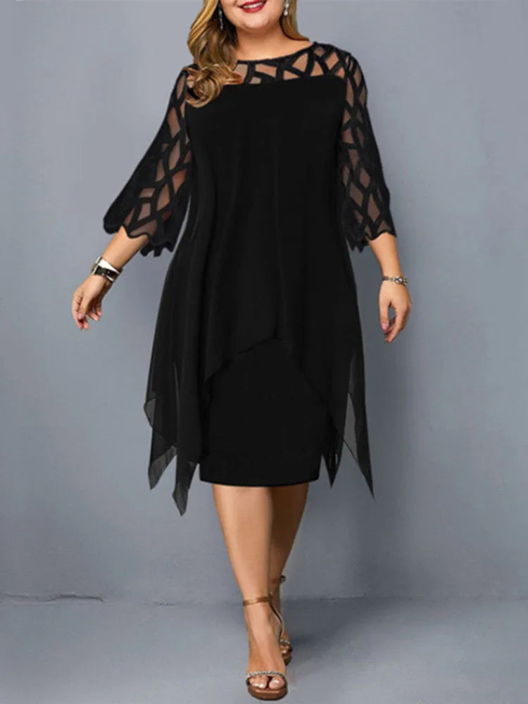 Elegant Midi Party Dress For Chubby Women Xxl O Neck Lace Sleeve Hollow Out Solid Sexy Women'S Clothing  Evening Dresses 2022