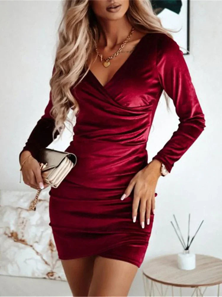 Women Sexy Mini Dress 2021 Spring Autumn Split Sheath Solid Folds Dress Lady Black Plus Size Tunic V-Neck Bodycon Dress Vestido