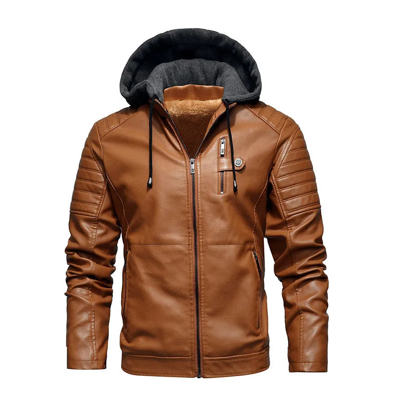 Fashion Leather Jacket Men Autumn Fleece Liner Pu Leather Coats with Hood Winter Male Clothing Casual White Motorcycle Jackets