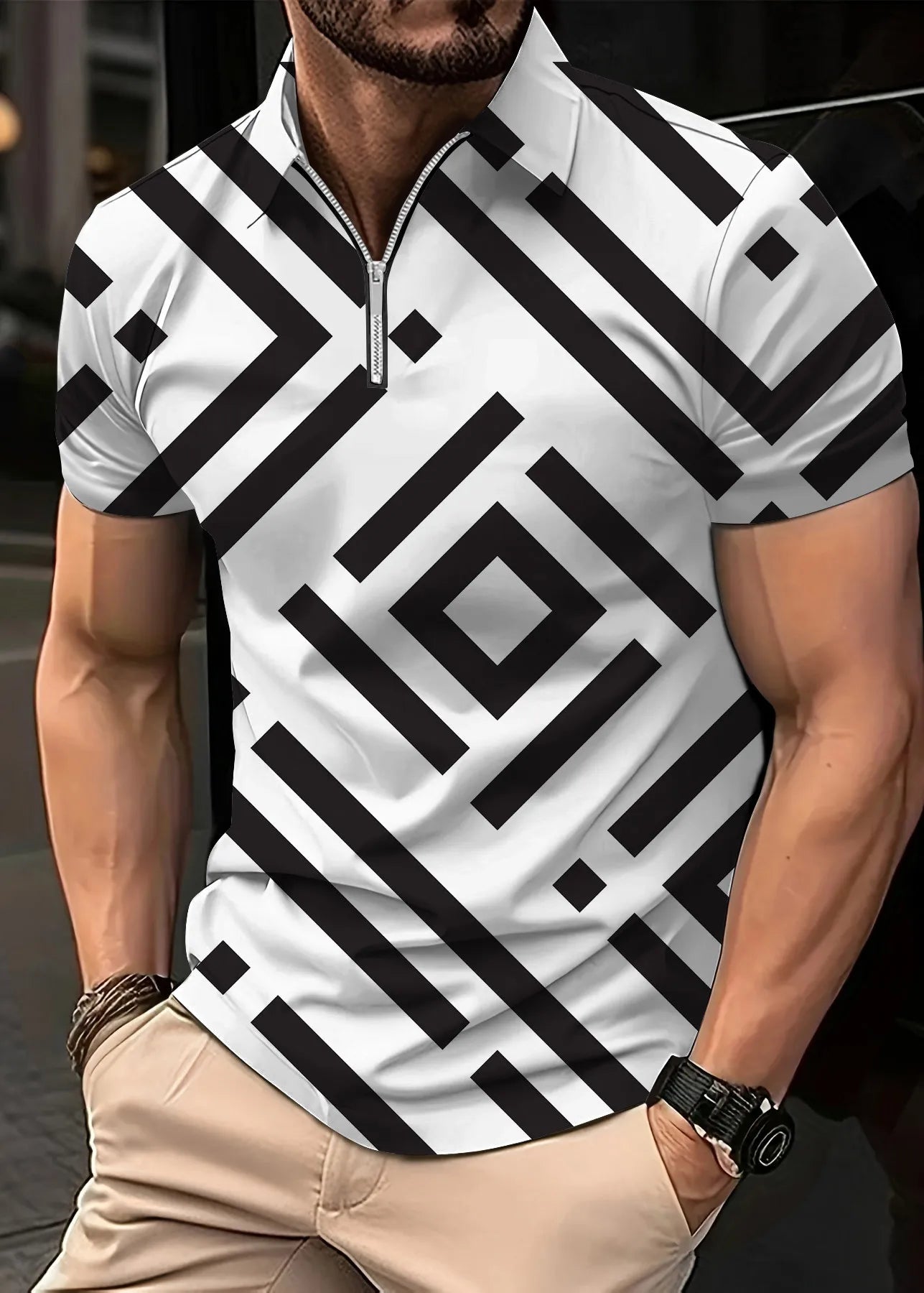 Stripe Print Short Sleeved Shirt Flip Collar Large Casual Shirt Men's Polo Shirts