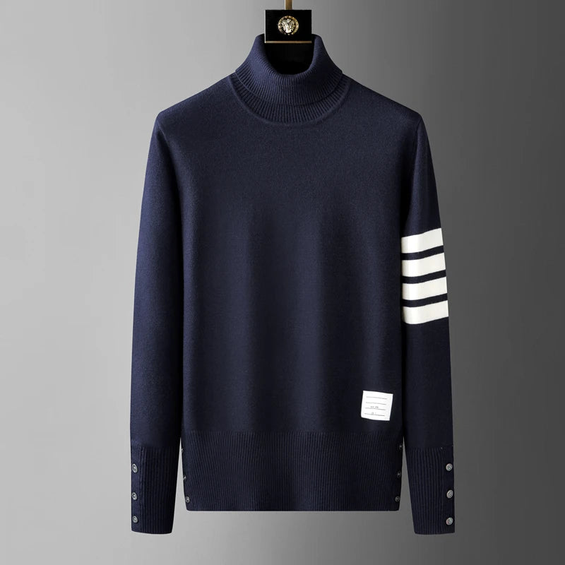 High end brand sweater men high neck autumn/winter New classic four stripe trend hem split Korean casual versatile pullover