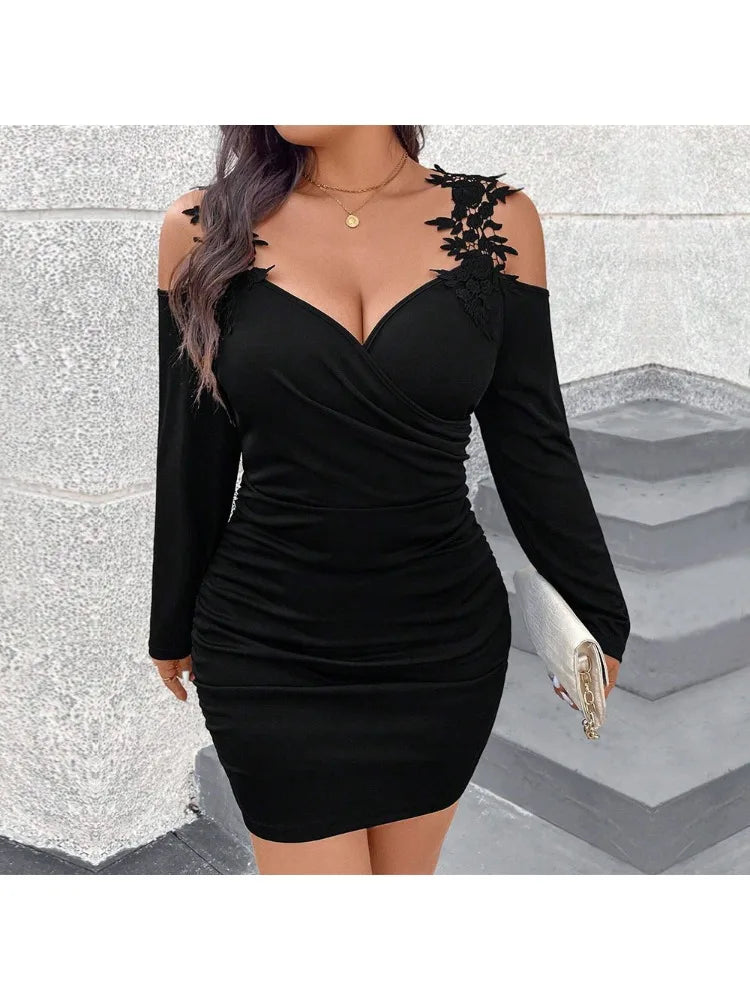 Plus Size Women's Off Shoulder Lace Mini Dress Sexy Style Solid Long Sleeve Oversized Clothing for Women Summer Autumn Dress