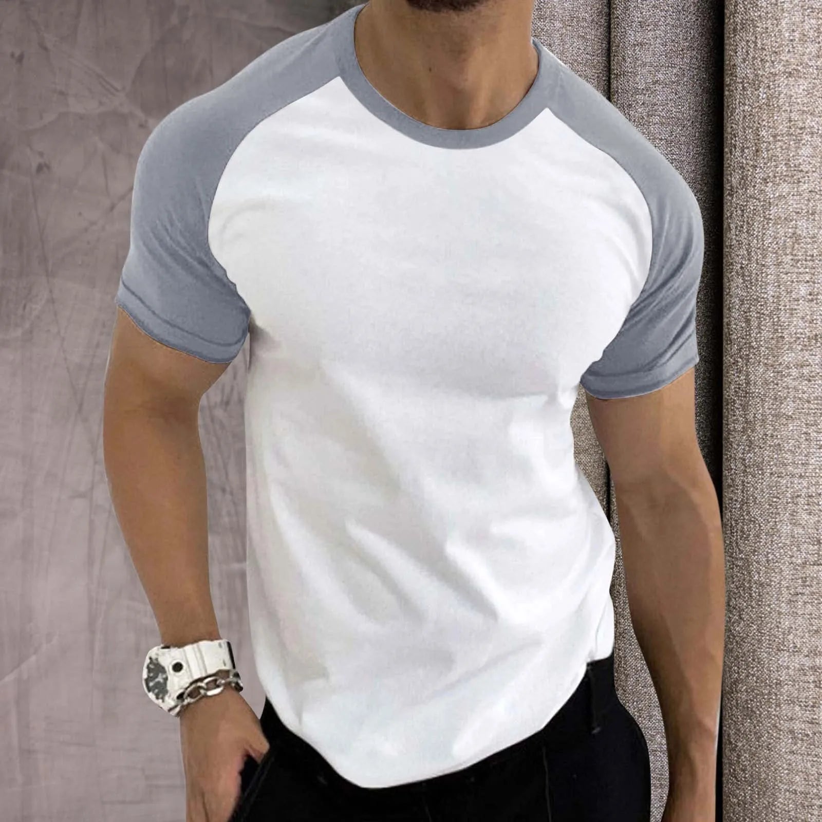 Mens Sports T-Shirts Trendy Color Contrast Raglan Sleeves Tees Round Neck Short Sleeve T-Shirt Casual Retro Comfort Sportswear