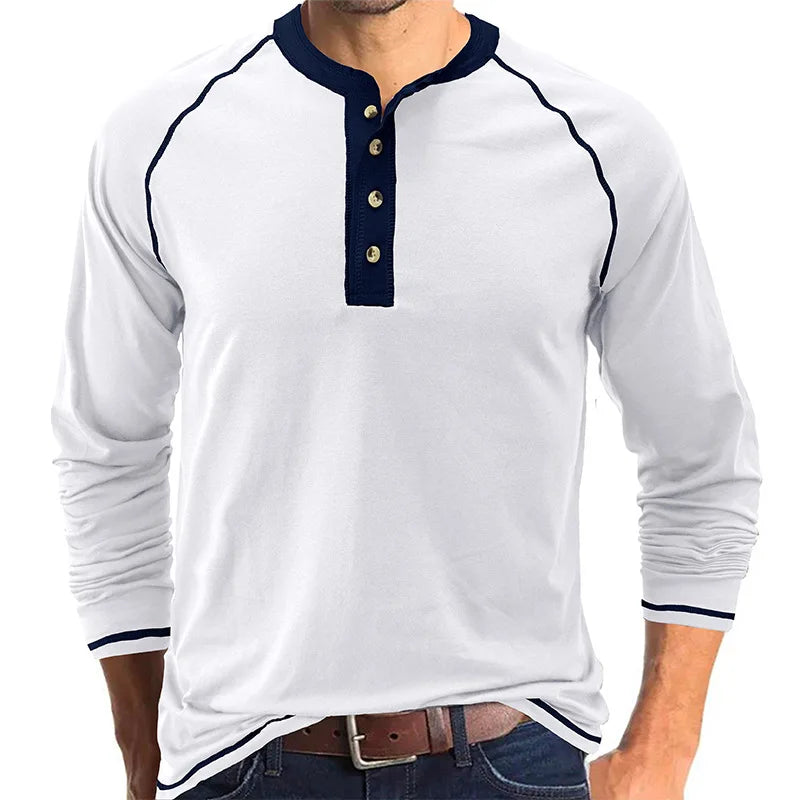 Men's Henley Collar Long Sleeved T-shirts Solid Casual Top Single Breasted Pocket TShirt Soft Comfy Bottoming Shirt for Autumn