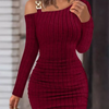 Metal Chain Solid Color Slim Dresses Women's Long Sleeved Sloping Collar Off Shoulder Dress Sexy Elegant Autumn Dress