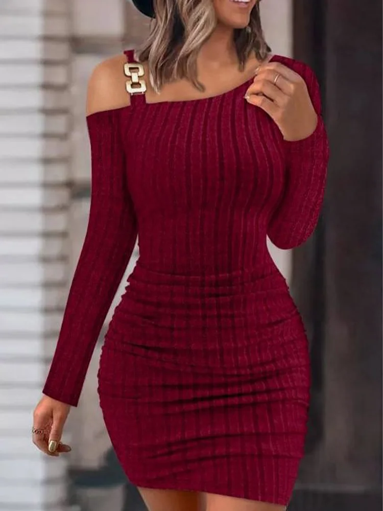 Metal Chain Solid Color Slim Dresses Women's Long Sleeved Sloping Collar Off Shoulder Dress Sexy Elegant Autumn Dress