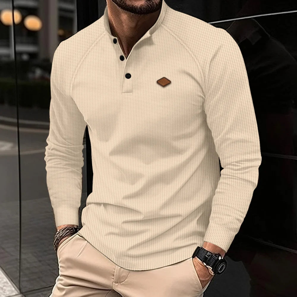 Vintage Waffle Solid Color Men's Henry Shirt Breathable Casual business, Men Button Down Round Neck Long S