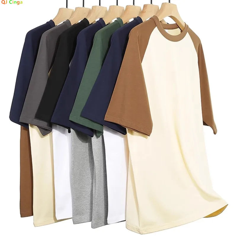 Summer Loose Fit Men's Short Sleeve Pullover T-Shirt with Two-Color Patchwork Cotton Tee Unisex