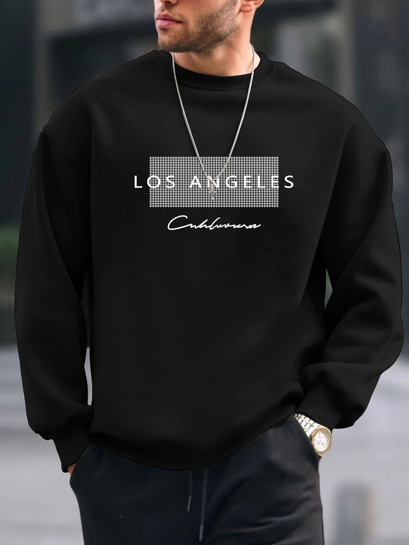 Men's autumn and winter fashionable casual loose Los Angeles letter printed fleece pullover round neck long sleeved sweatshirt