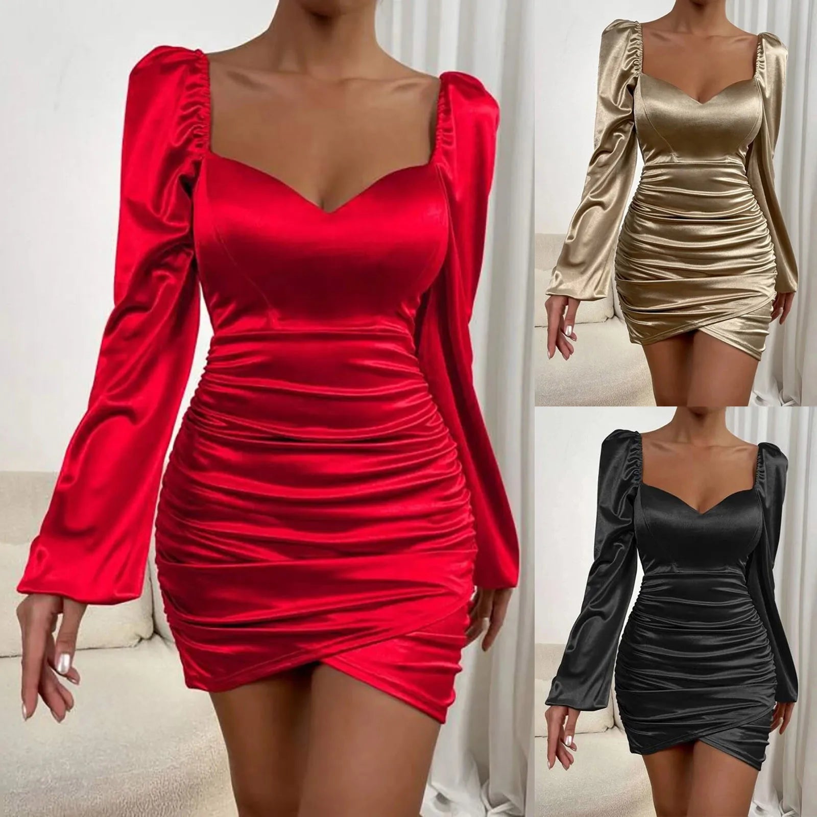 Elegant Evening Dress for Women Square Neck Long Puff Sleeve Low Back Solid Color Shirring Bodycon Short Dress Mini Party Dress