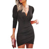 2020 Trendy Waist-Fitted Slimming Solid Color V-Neck Long Sleeve Tight Dress Ethnic Style Nightclub Dress For Women