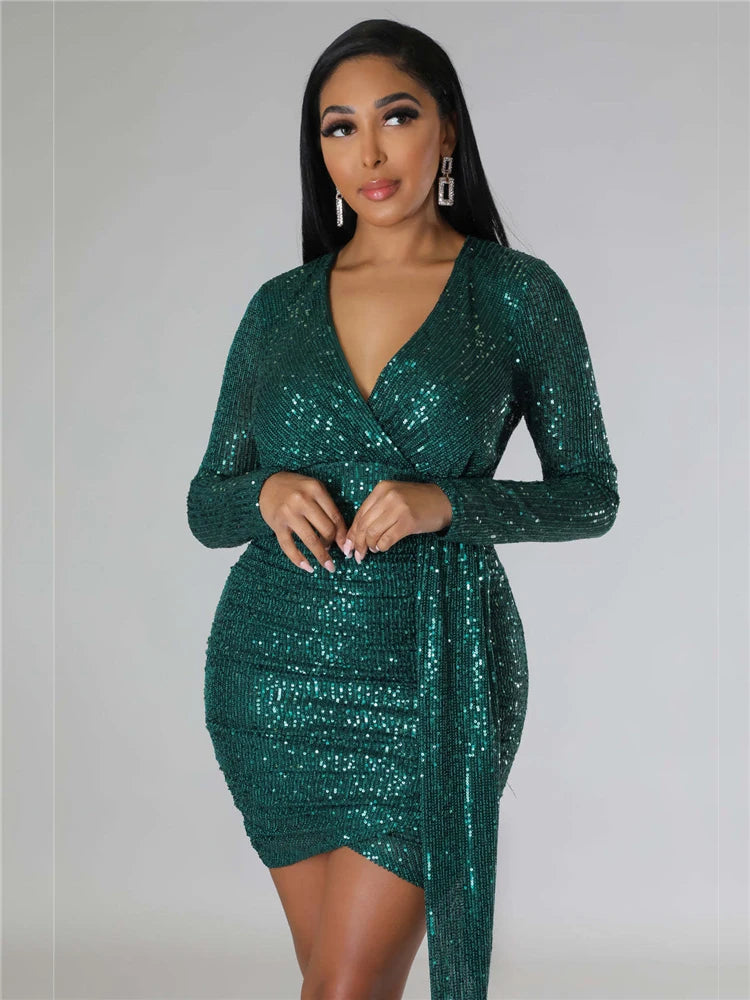 iDress Drop Shipping Sexy Women's Glitter Sequin Dress Long Sleeve V Neck Bodycon Mini Party Night Cocktail Birthday Dress