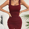 Solid Color Ruffled Side Tulip Hem Tight Dress, Sleeveless Square Neck Party Dress, Women's Clothing