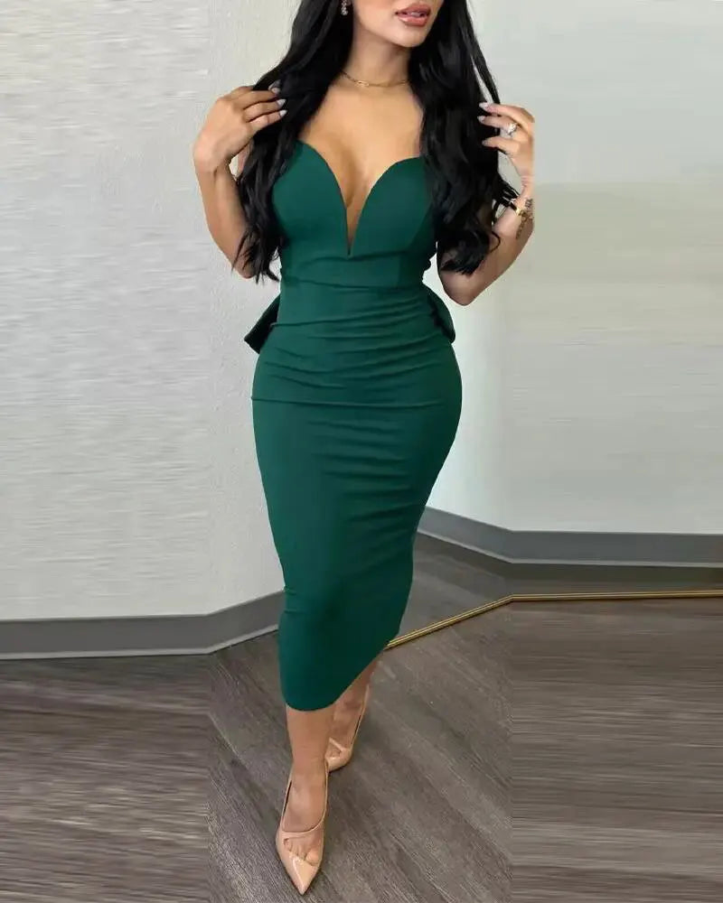 European V Neck Strap Solid Bodycon Dress Summer Casual Female Party Sexy Dresses Vestidos