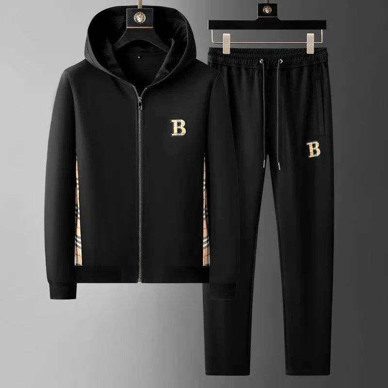 Minglu Spring Autumn Men's Sets Luxury Bee Printed Zipper Sweatshirt Solid Color Leisure Sports Elastic Wasit Pants Man Suits