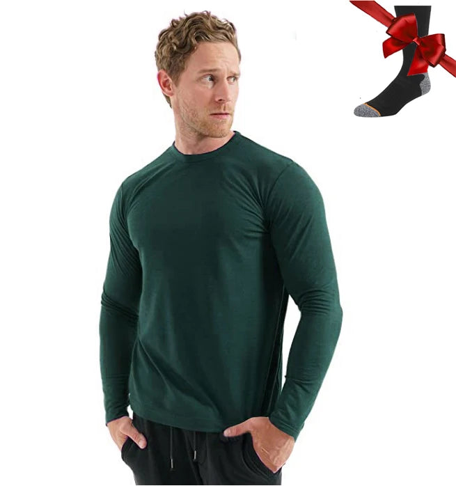 100% Merino Wool Base Layer Men Merino Wool Long Sleeve 240G Midweight Thermal Underwear Wicking Breathable Top + Hiking Socks