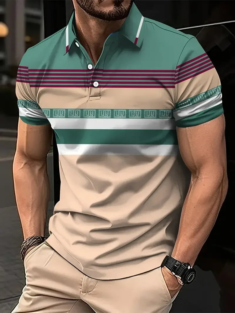 Men's Polo T-Shirt Streetwear Fashion Stripe Printing Summer New Short Sleeves Button Tops Oversized Casual Golf High-quality