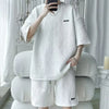 Men's Sports Suit Korean High Street Fashion T-shirt Shorts Two-piece Set Men Retro Neck Top Designer Clothes Men