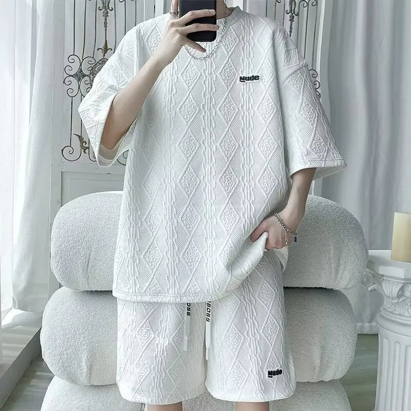 Men's Sports Suit Korean High Street Fashion T-shirt Shorts Two-piece Set Men Retro Neck Top Designer Clothes Men