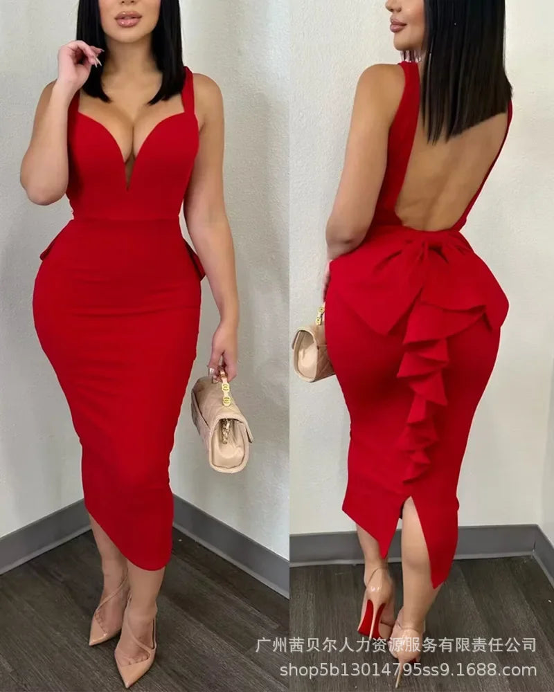 Elegant Sexy Evening Party Dress New Women's Backless Ruffles Patchwork Dress Women's Spaghetti Strap V-neck Slim Fit Dress