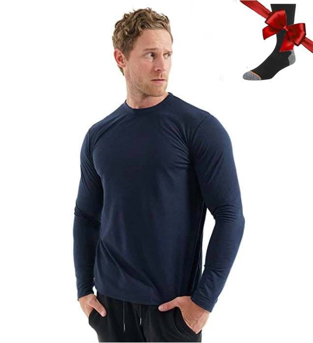 100% Merino Wool Base Layer Men Merino Wool Long Sleeve 240G Midweight Thermal Underwear Wicking Breathable Top + Hiking Socks