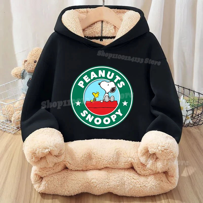 Snoopys Baby Sweatshirt Thickened Fleece Girl Hoodie Cartoon Clothes Long Sleeve Winter Warm Cashmere Hoodie Tops Jacket Kid New