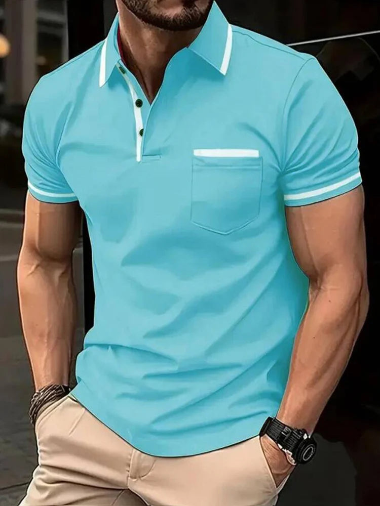 Men's casual fashion solid color short sleeve top lapel men's short sleeve T-shirt Casual fashion solid color top short sleeve