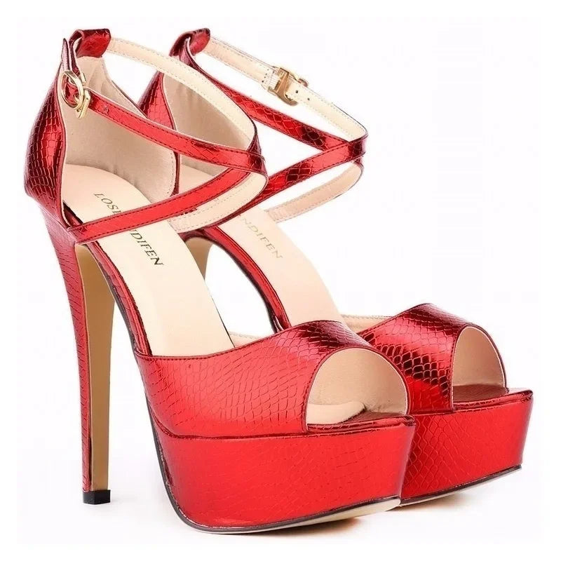 Women Sandals Stilettos Fashion Peep Toe Leather Buckle Platform Sandal Sexy 14cm Extremely High Heels Party Dress Wedding Shoes