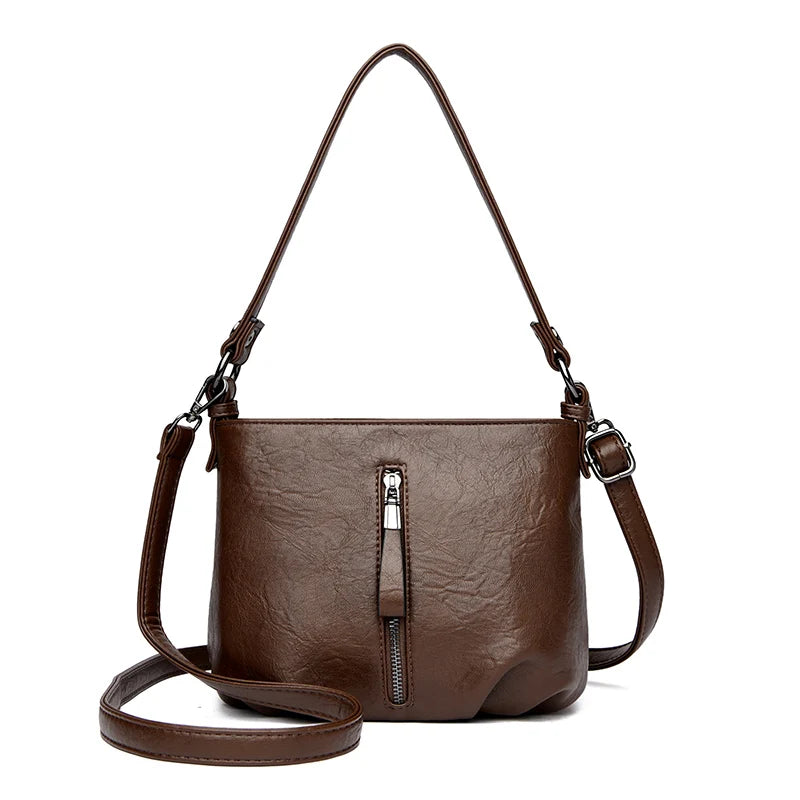 Solid Soft Leather Handbag for Women Casual Crossbody Bag for Daily Commute Multi Compartment Zipper Shoulder Bags Female Sac