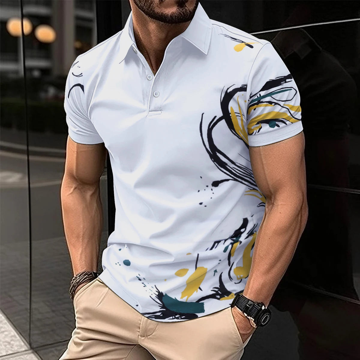 Fashion Summer Best-Selling Men's Short-Sleeved Polo Shirt, Positioning Digital Print, Lapel, Button, Street Men's Top