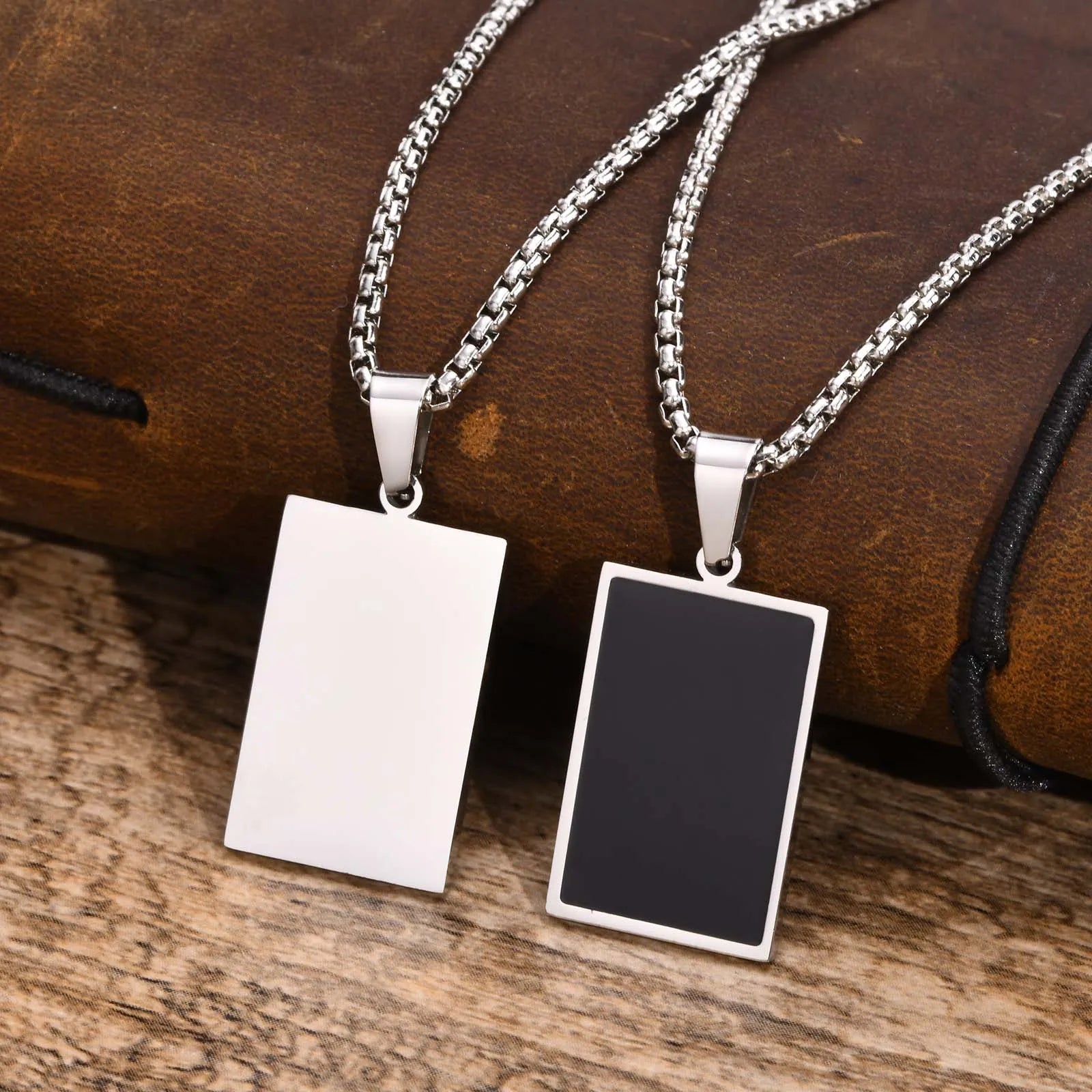 Stylish Mens Geometric Square Necklaces,Black Enamel Rectangle Pendant with Rope Box Chain Collar,Trendy Jewelry Gifts