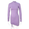 Elegant Lace Up Dress Solid Pleated Slim Fit Party Bodycon Female Sexy Mini Dresses Purple Black Vestidos