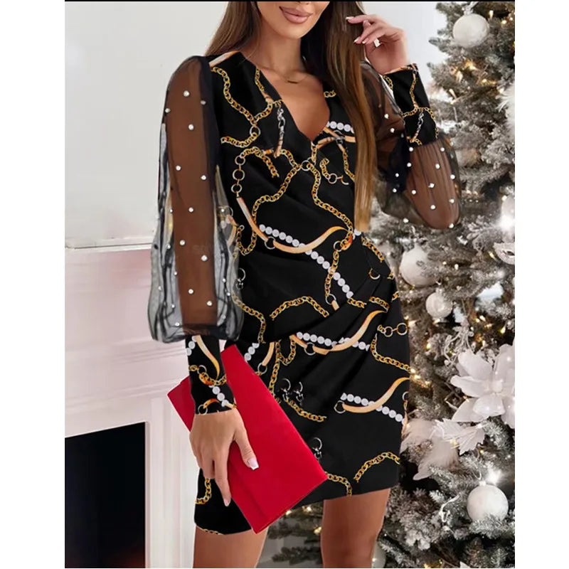 Autumn Winter Solid Color Flower Lace Long Sleeved V-neck Waist Hugging Dress Women's New Black Party Slim Mini Dress Vestidos