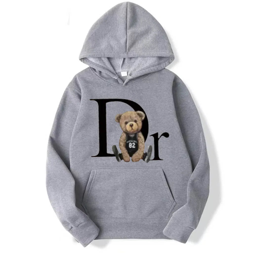 Autumn Winter Neutral Letter Bear Printed Hoodie Men's Casual Hoodie Loose Street Wear Skateboarding Single Color Man Clothing