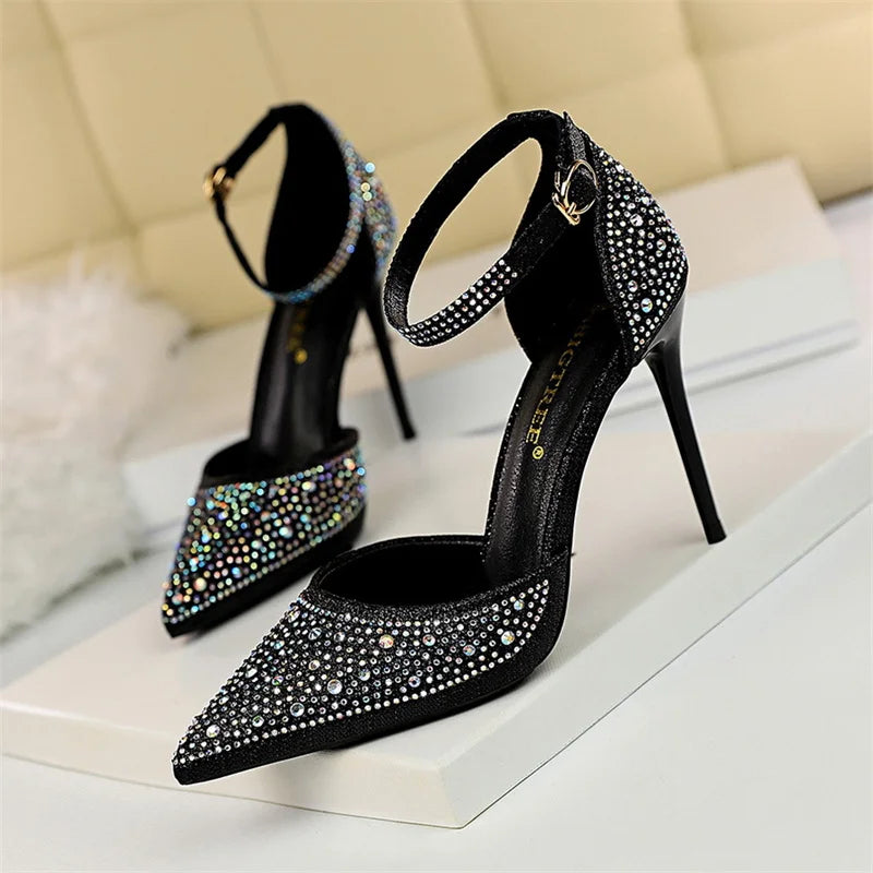 Women Shallow Mouth Pointed Toe Hollow High Heels Sandals Wedding Champagne Gold Pumps Crystal Glitter Rhinestone Sandals