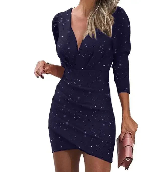 2020 Trendy Waist-Fitted Slimming Solid Color V-Neck Long Sleeve Tight Dress Ethnic Style Nightclub Dress For Women