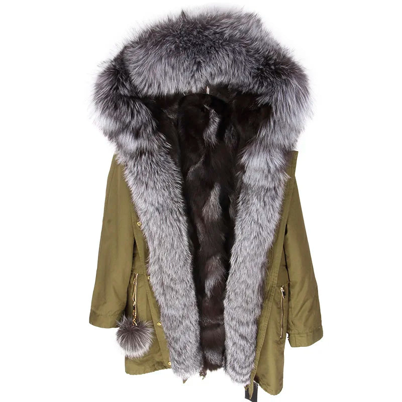 MAOMAOKONG 2023 Red Fox Fur Liner Parkas Real Fur Collar Coat Thick Warm Female Inner Fur Luxury Jacket Woman