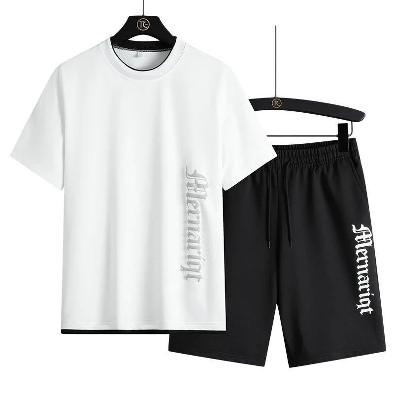 2024 Summer New Fashion Solid Color Short-Sleeved T-shirt Set Men's Casual Relaxed Comfortable Breathable Sports Two-Piece Set